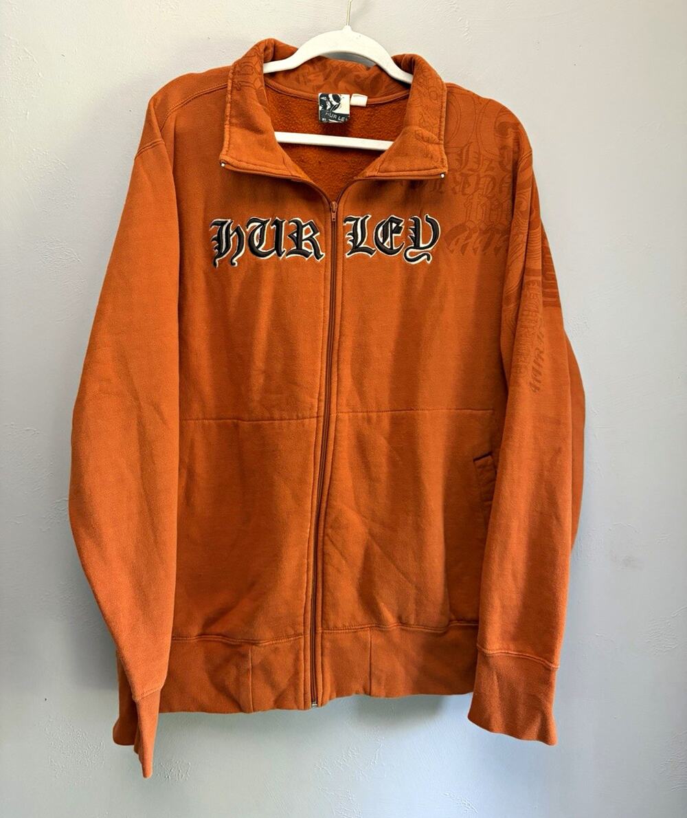 Hurley Full Zip Fleece Hoodie Graphic Embroidered Logo Mock Neck Orange (0194)